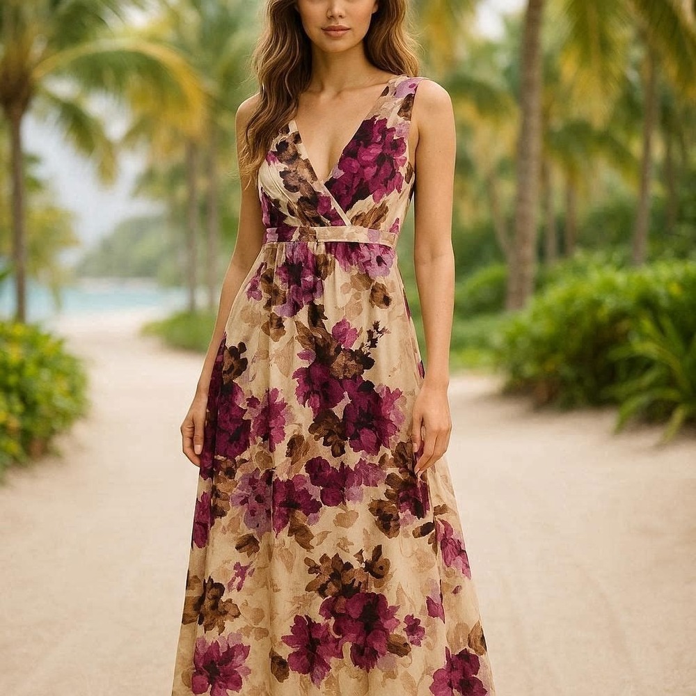 Ethereal Whimsical V-neck Empire Waist Resort Wear Maxi XL Floral Dress